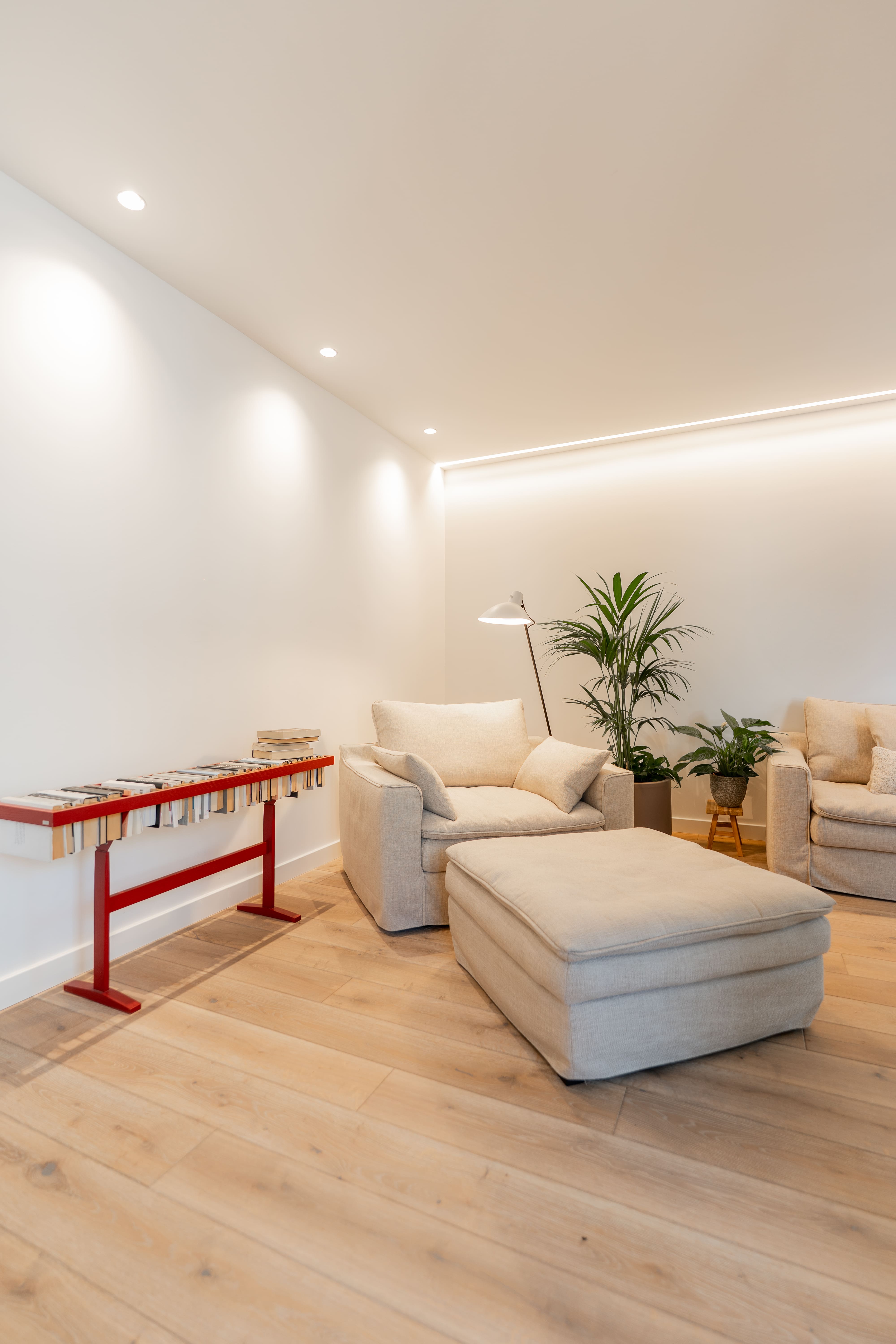 Sofá y estantería de libros en sala de estar iluminada