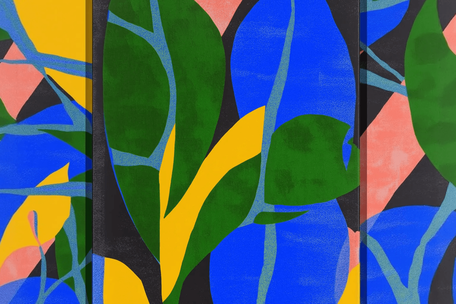 Colorful abstract artwork with overlapping green, blue, yellow, and red organic shapes.
