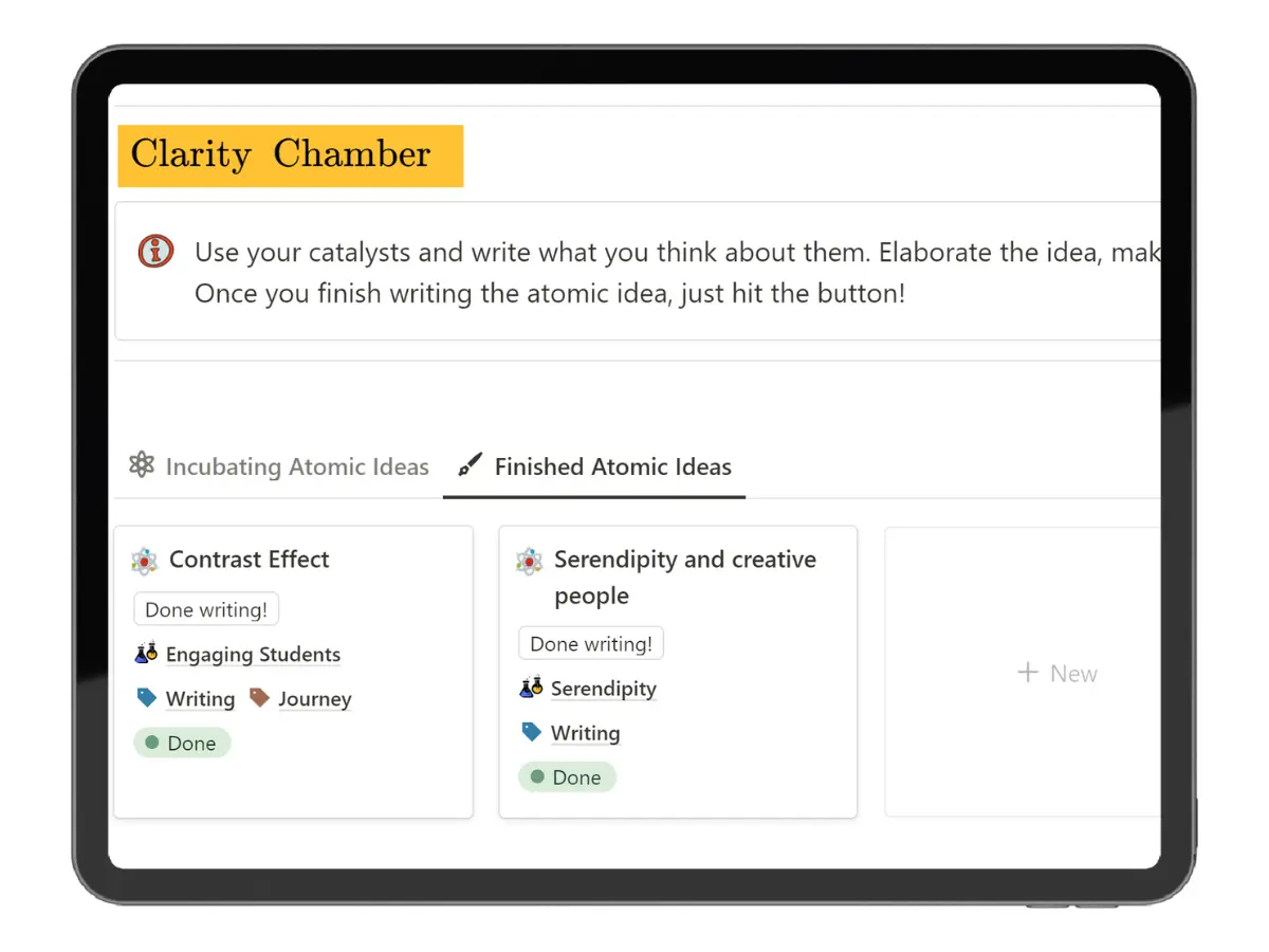 Screenshot of the Clarity Chamber section in the Insight Incubator Notion template showing finished atomic ideas like Contrast Effect and Serendipity