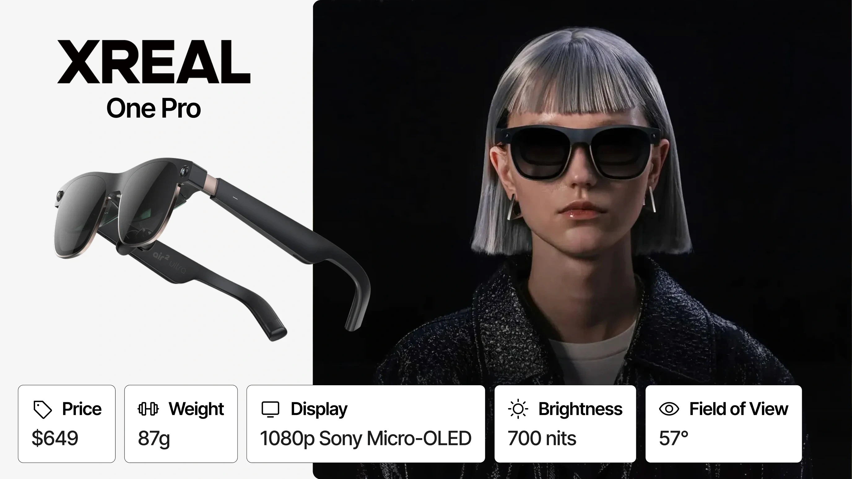 XREAL One Pro AR glasses: price, weight, display brightness, field of view — enterprise-grade spatial display smart glasses