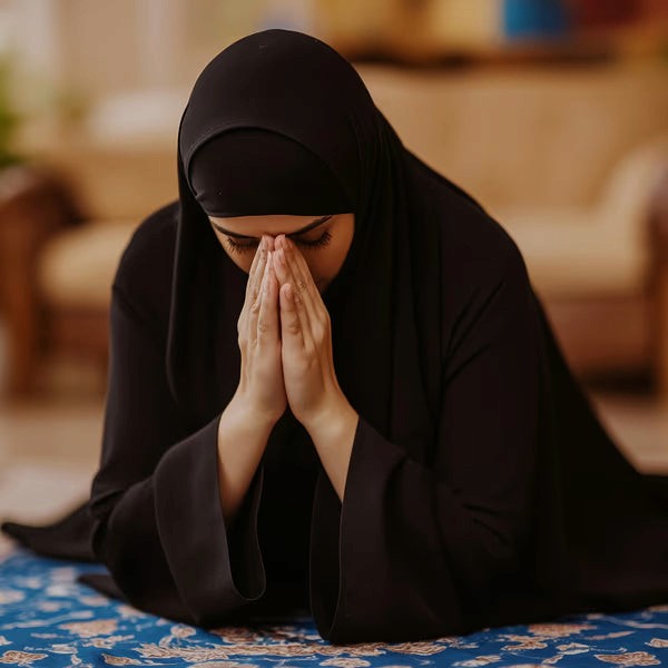 Muslim praying Sunnah Salah with tasbih beside prayer mat