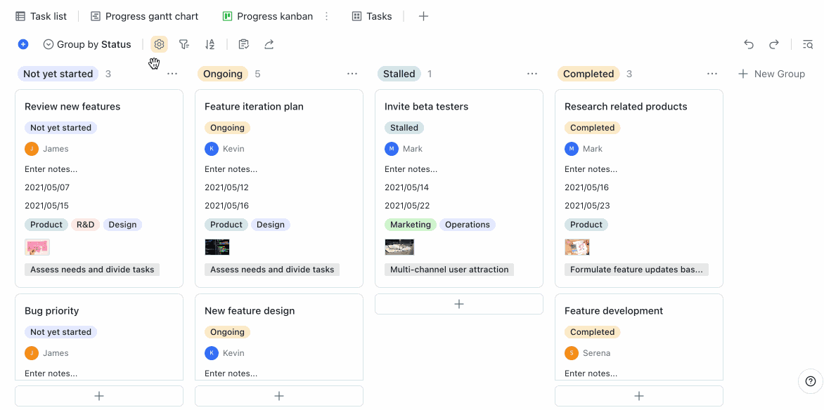 Grouping Kanban view for a streamlined view of the workflow