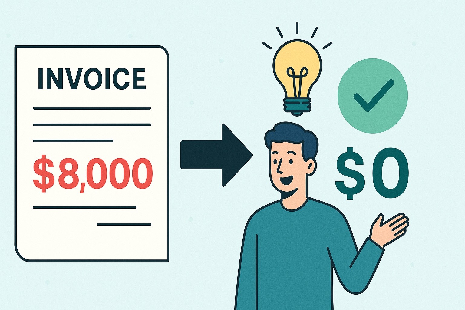 Cost-saving integration workaround illustration showing $8,000 invoice reduced to $0 with creative problem-solving using AI assistant for nonprofit case management.