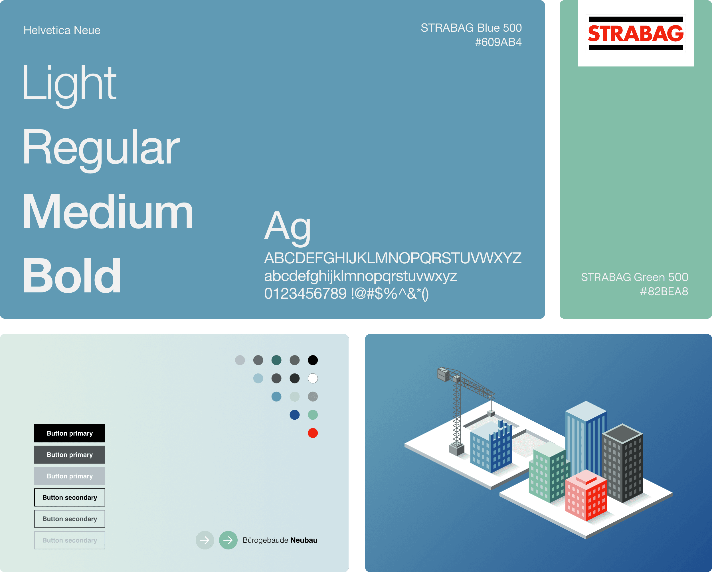 Kollage mit verschiedenen Elementen des Designsystems für STRABAG, wie z.B. Schriften (Helvetica Neues), STRABAG-Logo, Farbpalette, 3-dimensionale Grafiken