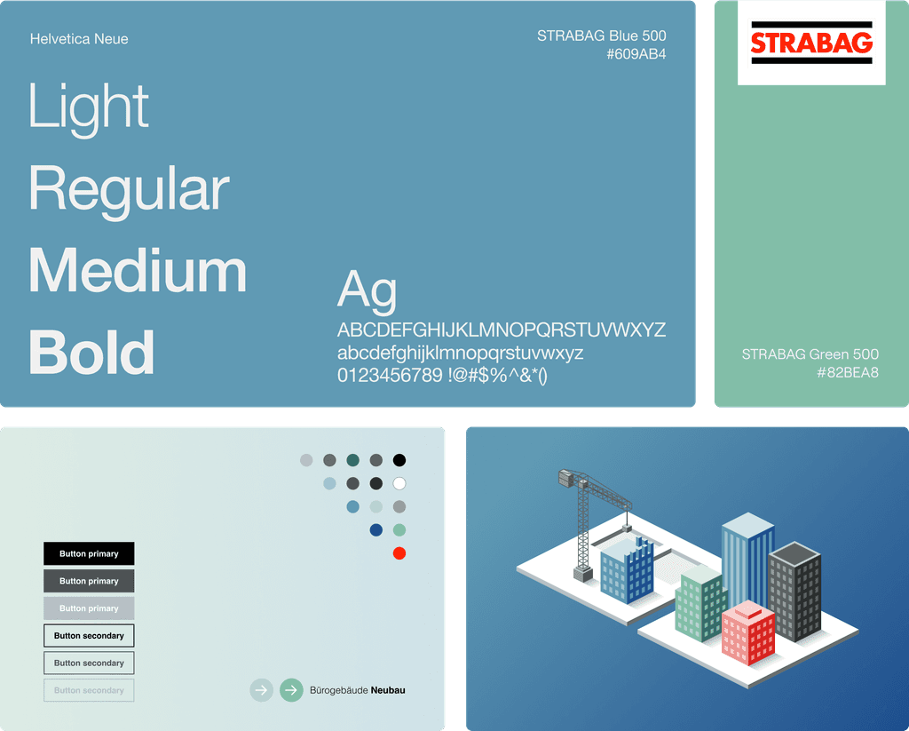 Kollage mit verschiedenen Elementen des Designsystems für STRABAG, wie z.B. Schriften (Helvetica Neues), STRABAG-Logo, Farbpalette, 3-dimensionale Grafiken