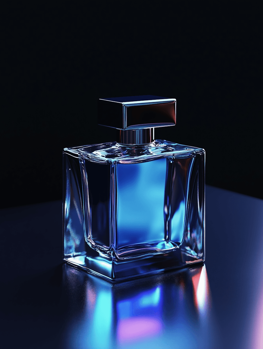 Square glass perfume bottle with blue liquid