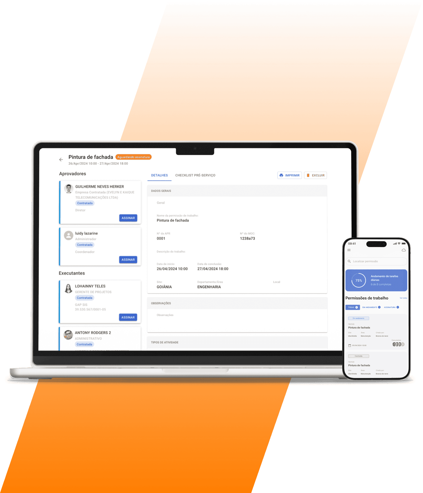 Tela de computador e de celular, mostrando como é feita uma permissão de trabalho pelo sistema da GAP