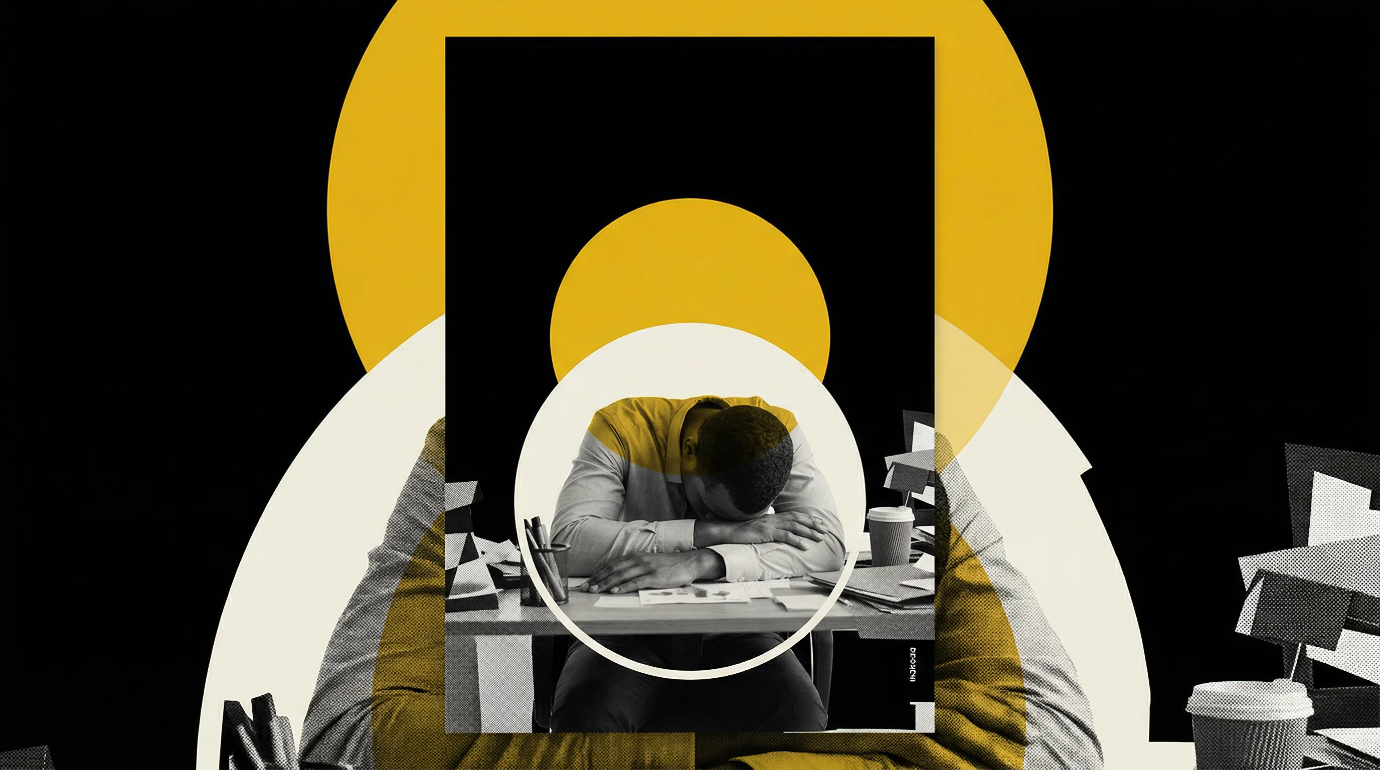 Colagem editorial sobre produtividade tóxica e o custo do excesso de performance