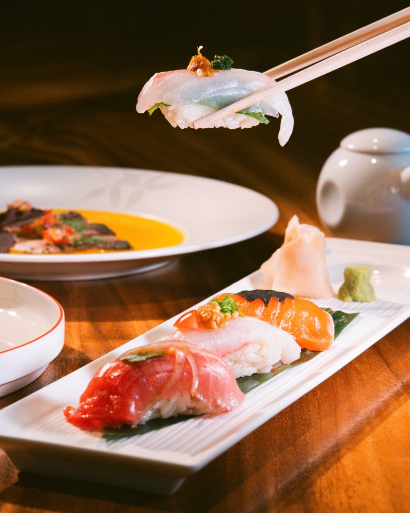 A beautifully arranged plate of sushi featuring various types of fish, including vibrant sashimi and sushi served with wasabi and pickled ginger, set against a softly blurred backdrop.