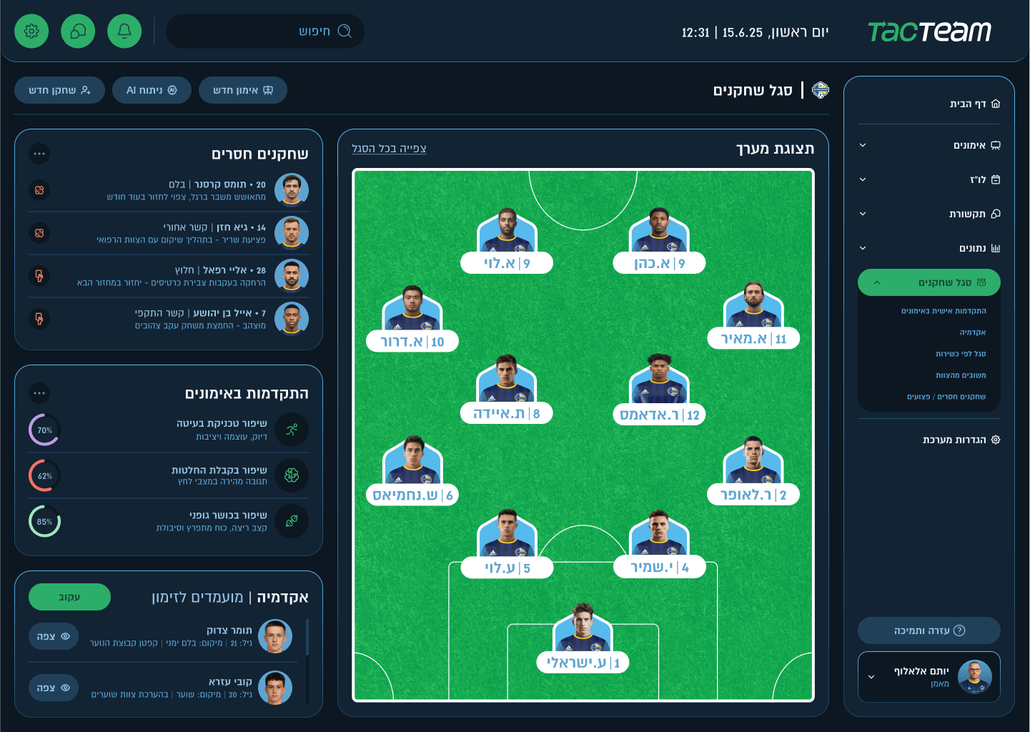 Dark mode football squad management dashboard with player lineup formation, fitness tracking, and tactical analysis tools.