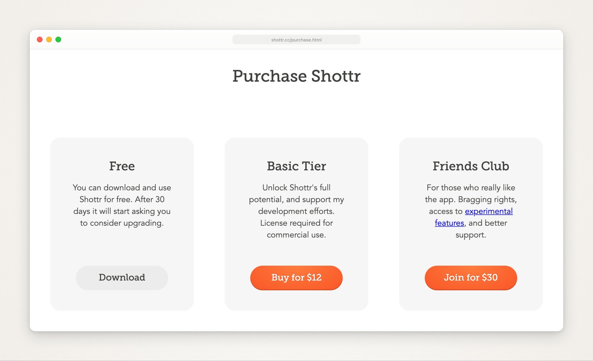 Three price boxes on Shottr’s purchase page: Free, with upgrade reminders after 30 days; Basic for $12, with a license required for commercial use; and Friends Club for $30, with experimental features and better support