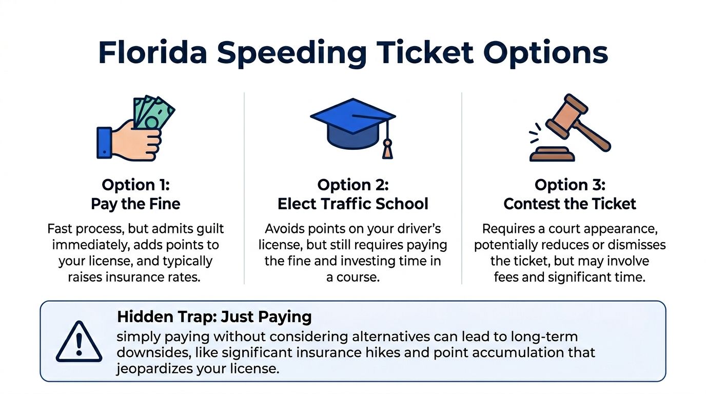 A visual guide outlining three options for handling a Florida speeding ticket: paying, traffic school, or contesting.