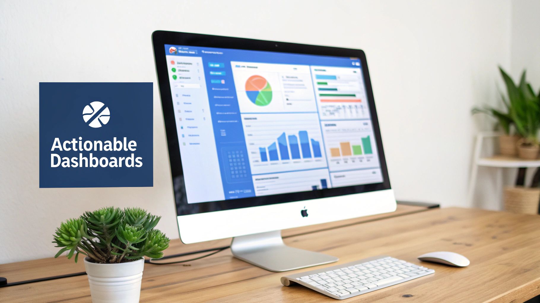 An Apple iMac on a wooden desk displaying actionable dashboards with charts, graphs, keyboard, and a plant.