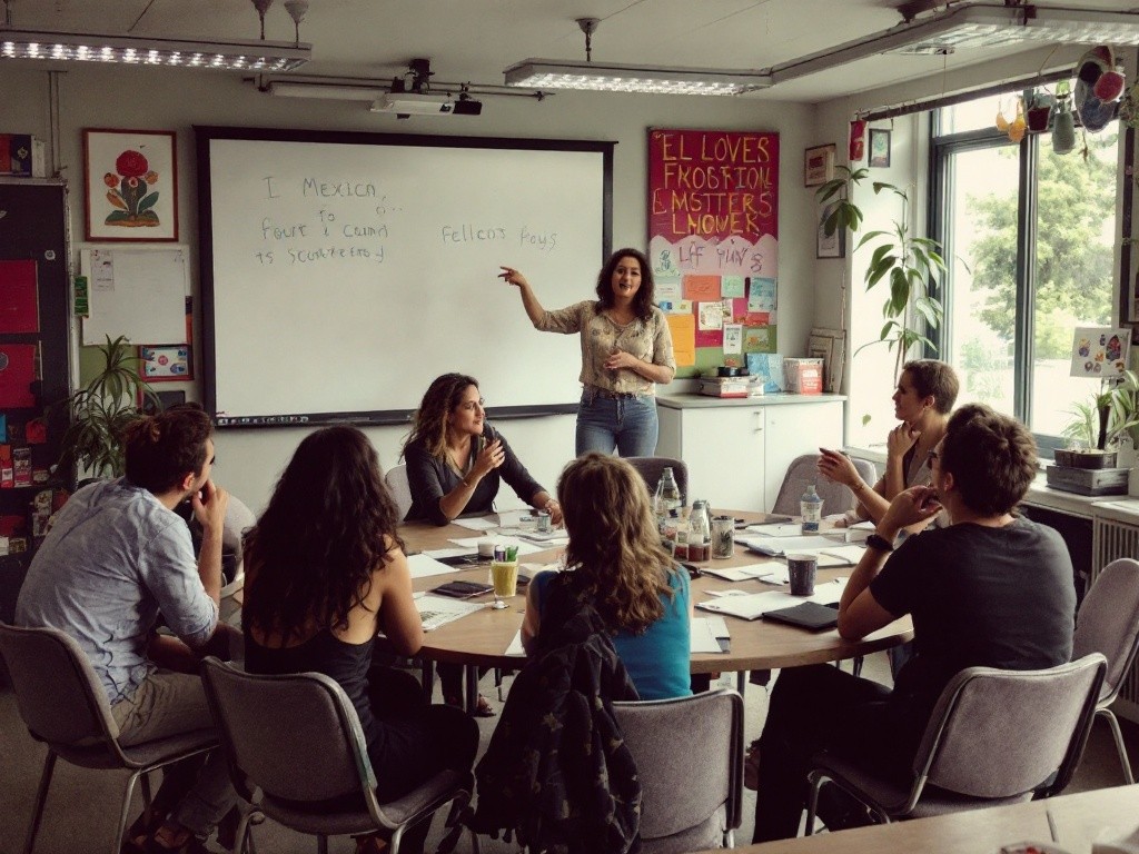 A group of people sitting around a table in a classroom, listening to a woman who is standing and talking.