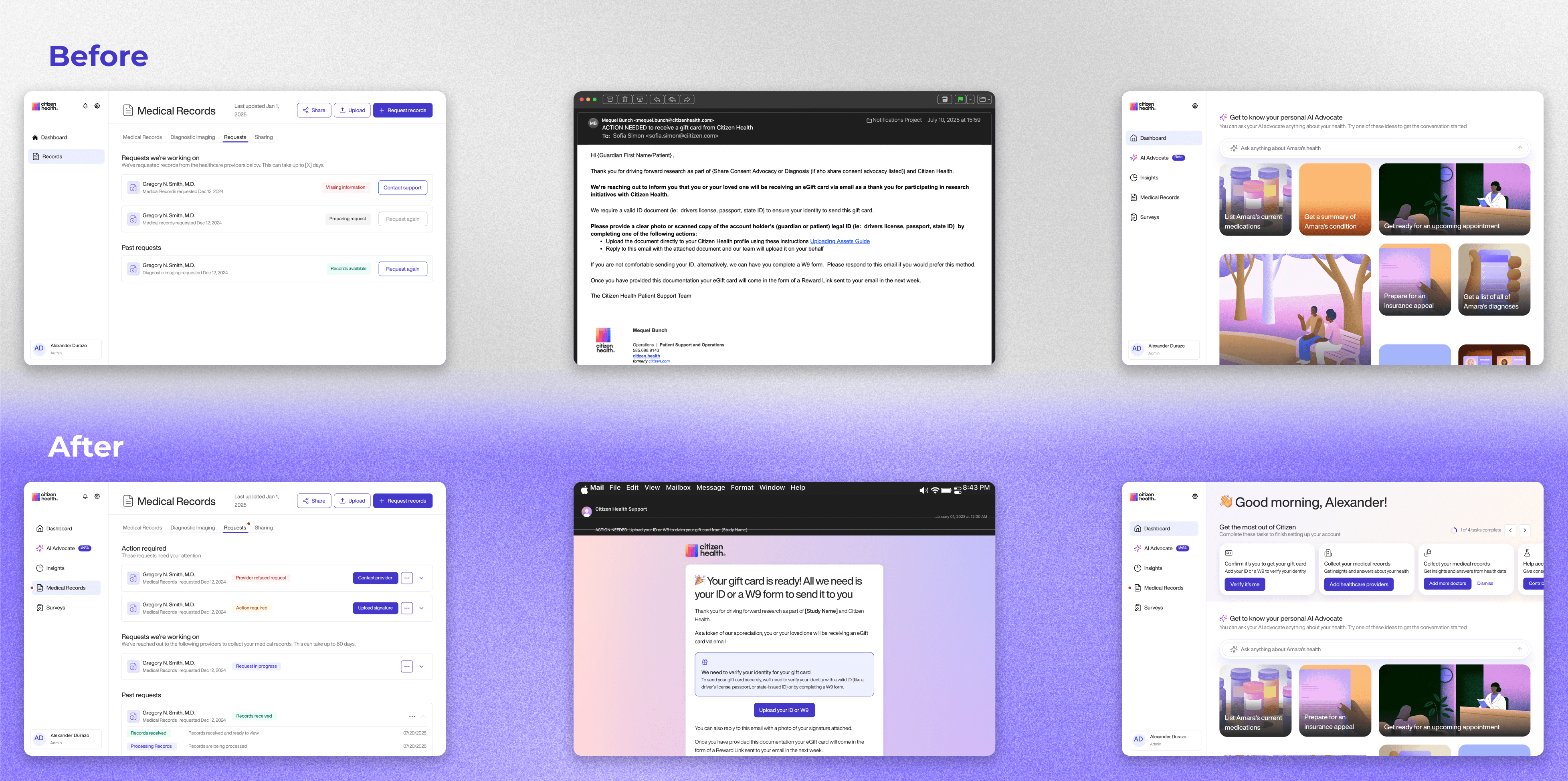 Before and after comparison of key records collection screens. The top row shows the original experience, including unclear record statuses, inconsistent email formatting, and limited action guidance. The bottom row shows updated designs with clearer status labels, actionable call-to-action buttons, a progress tracker dropdown for visibility, and redesigned email modals aligned with brand and usability standards. These updates reflect system-level improvements to communication, transparency, and user guidance across the records collection workflow.