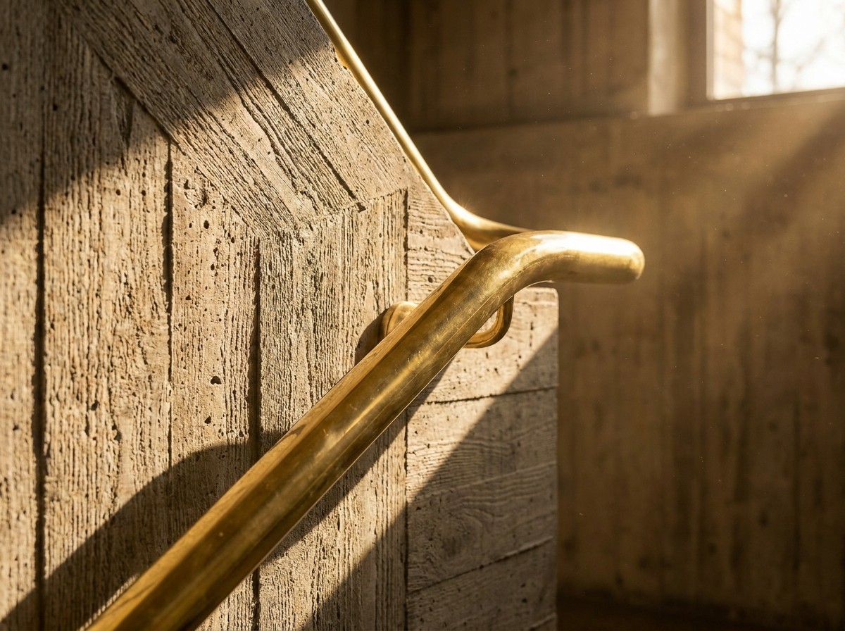 A close-up architectural detail showing the contrast between a polished brass handrail and a textured, board-formed concrete wall.