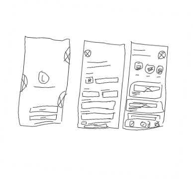 Wireframe sketches featuring few screens in designing EatYum mobile app interface.