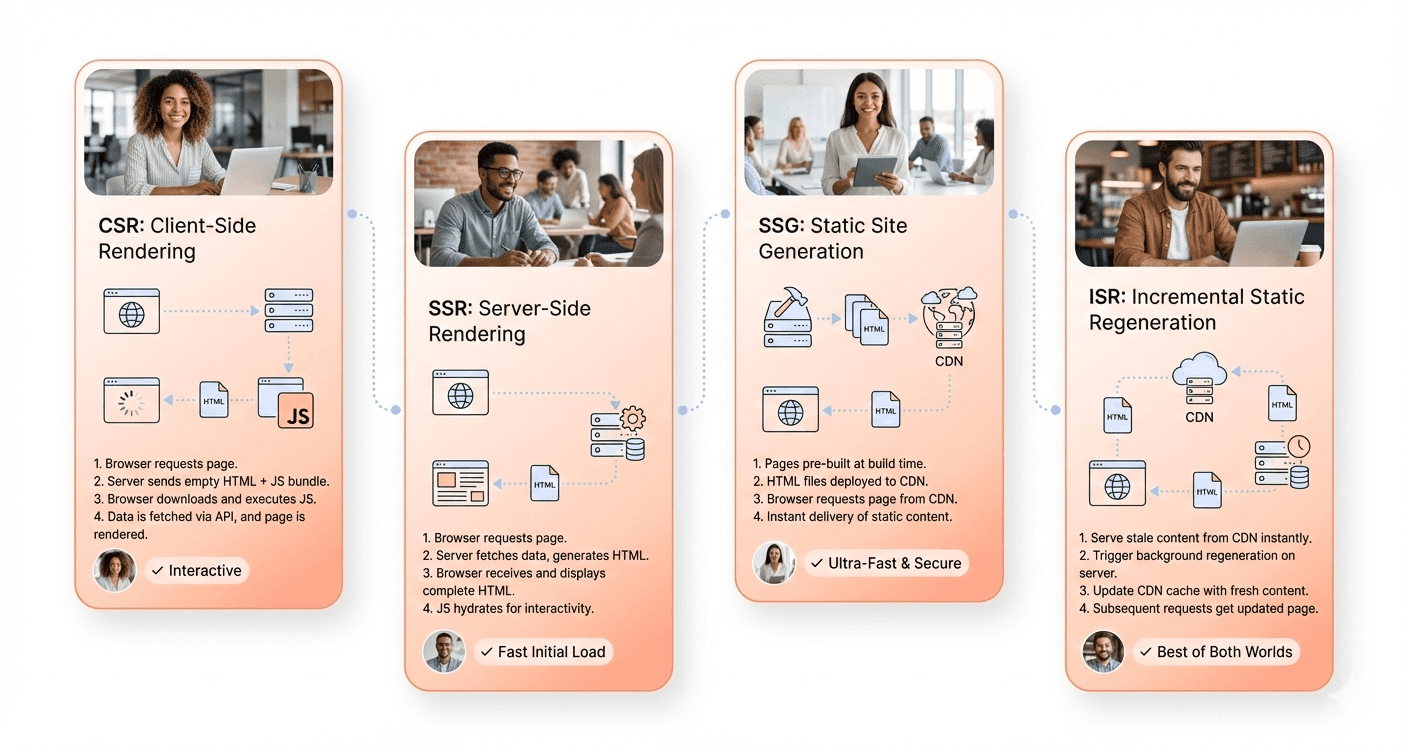 Visual comparison of CSR vs SSR vs SSG vs ISR rendering methods showing browser, server, and CDN data flow in a modern SaaS interface.