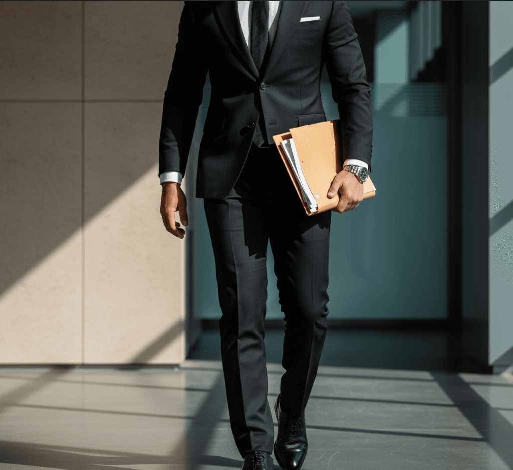 Professional in a business suit walking through a modern office corridor while carrying documents