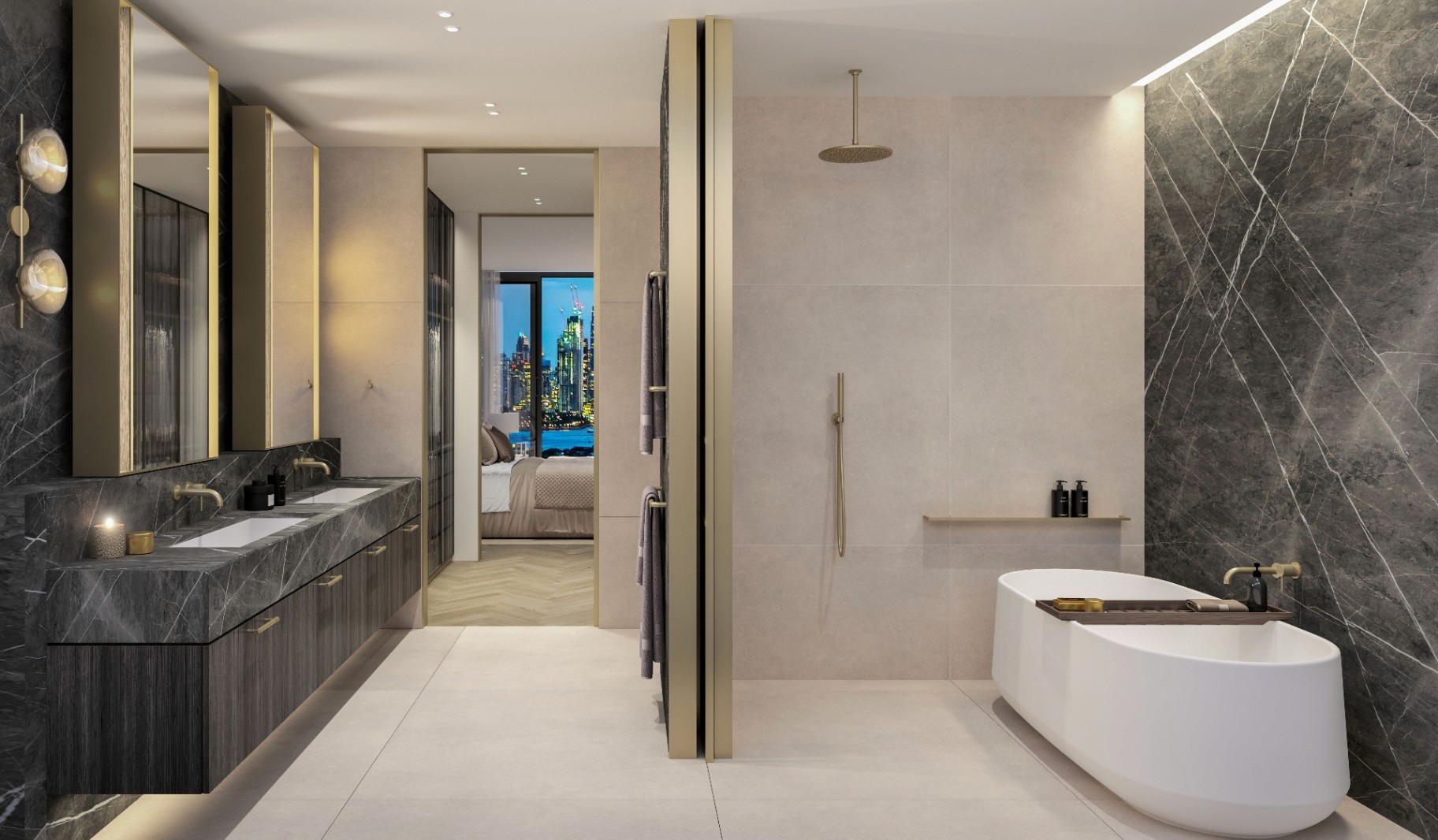 Luxury bathroom with freestanding bath and stone finishes in St Leonards apartment, off the plan Sydney property secured with $10K deposit Coposit