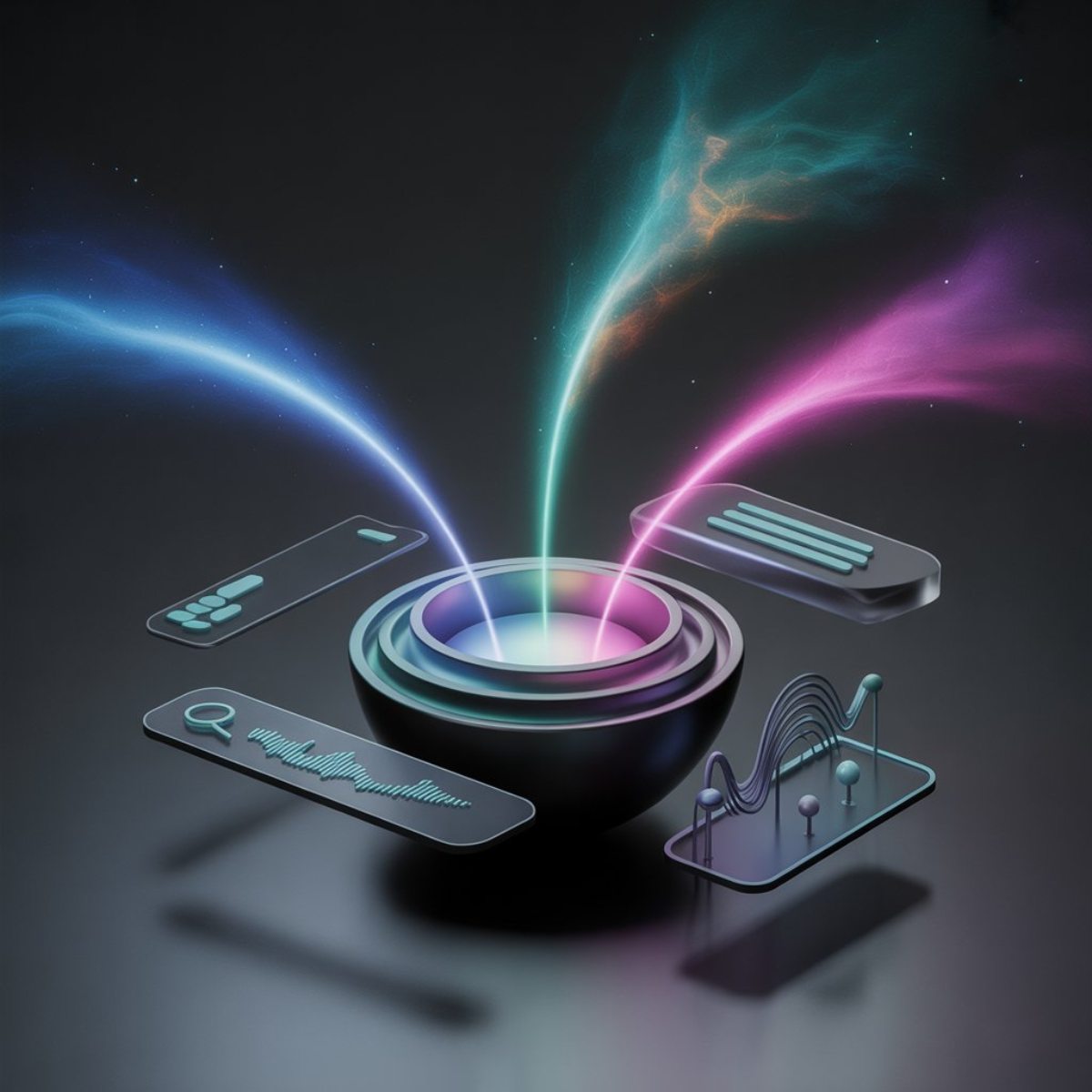 3d illustration of three beams connecting into one pot with floating elements representing 3 aspects