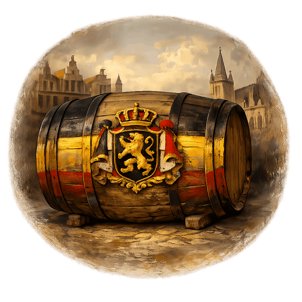 Wine barrel featuring the Belgium national emblem for regional wine education.
