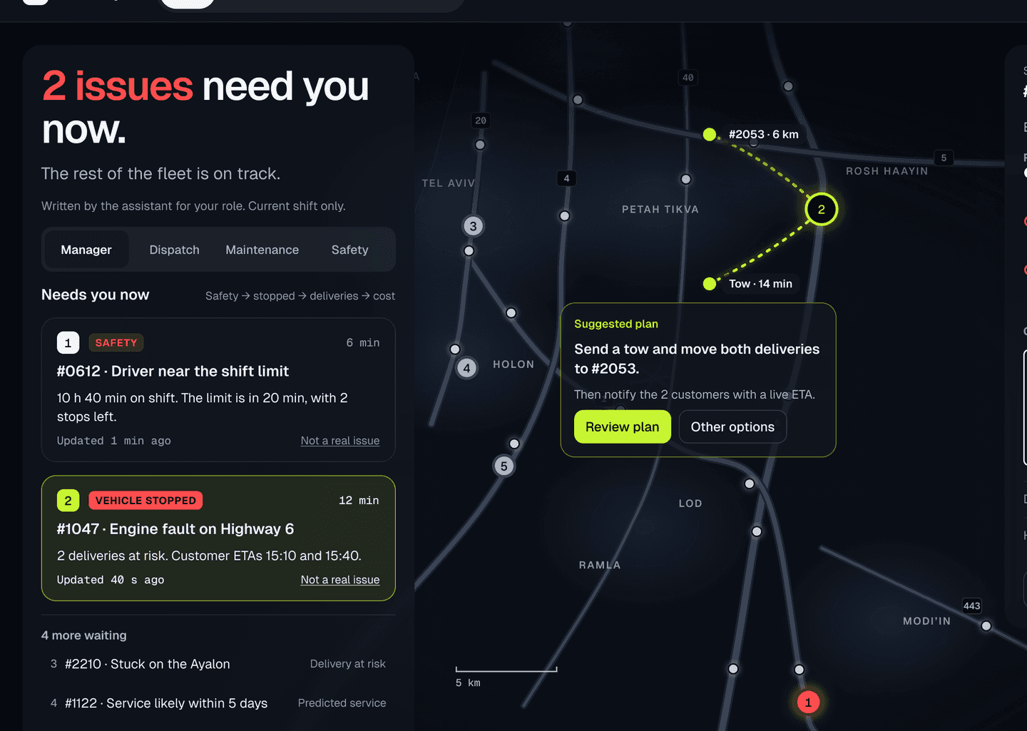 Fleet Ops live map: a ranked issue queue, the fleet on a map of central Israel, and the selected truck.