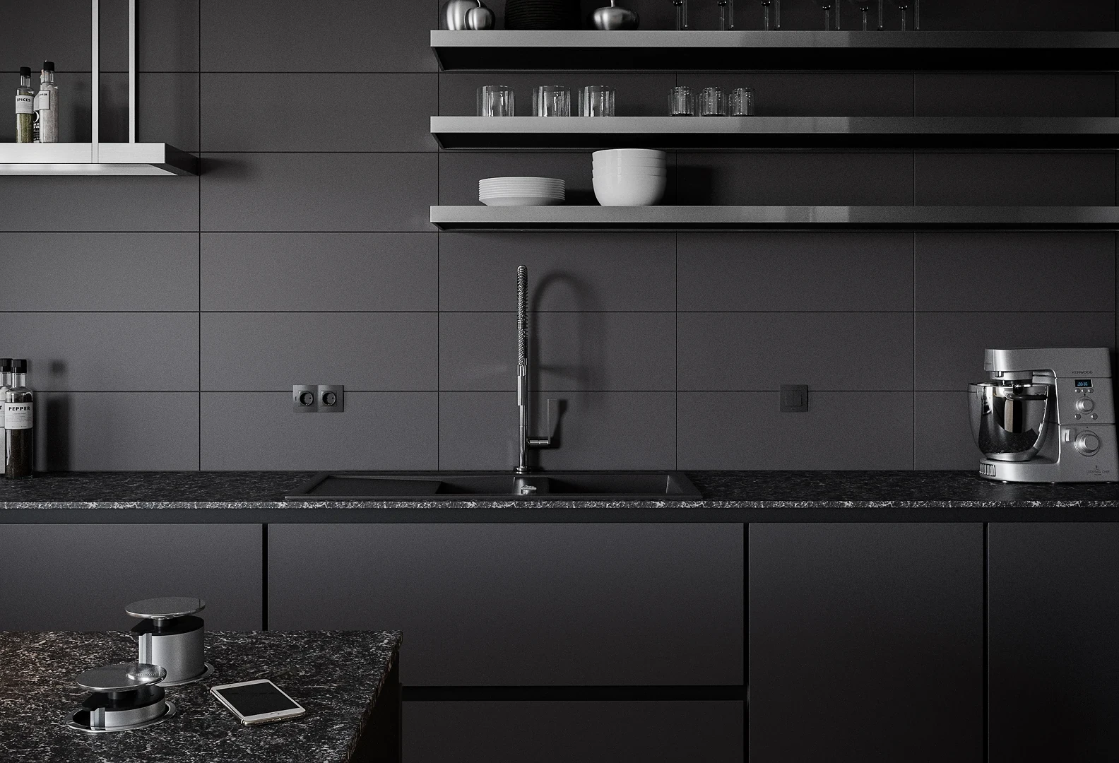 Détail — suspension minimaliste avec lumière chaude.