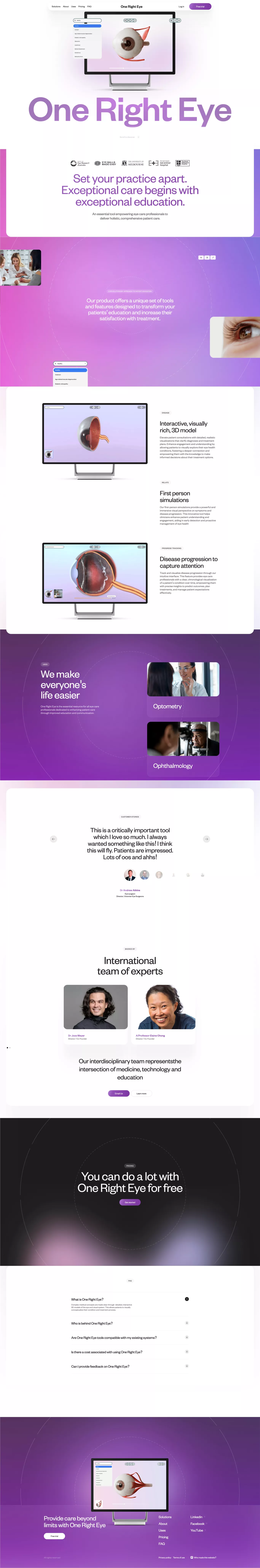 One Right Eye landing page screenshot showcasing Medical and Tech design