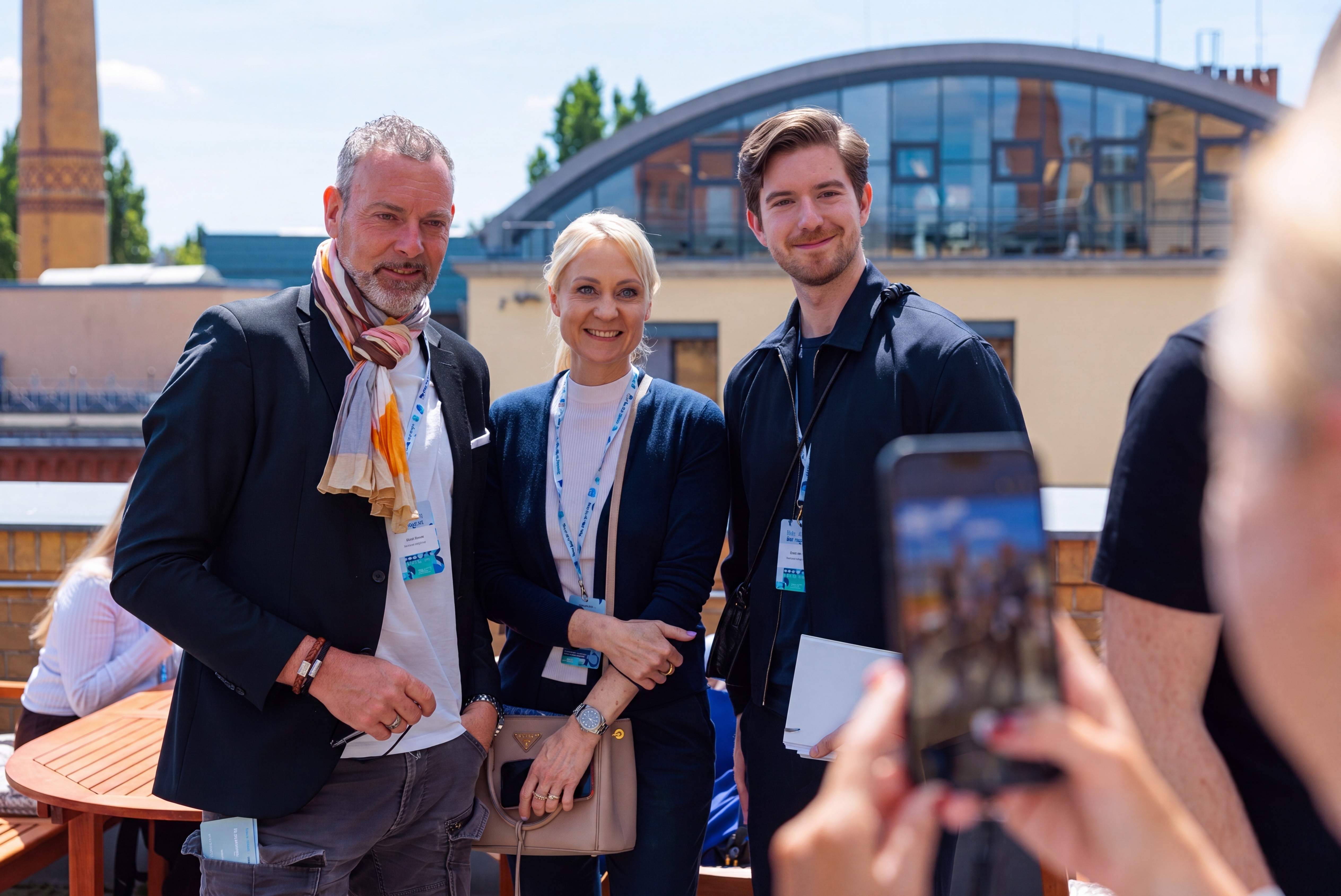 Arne Pflugrad, Hanna Dudenhausen und David Busch beim Deutschen PR-Tag 2026 in Berlin (v.l.n.r.)