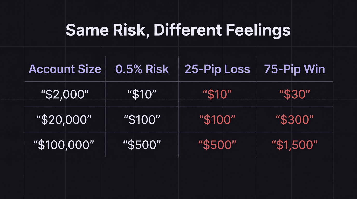 Comparison table showing identical percentage risk but different dollar impact at three account sizes