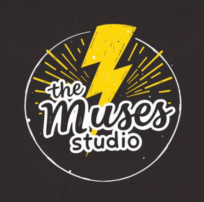 The Muses Studio logo with yellow lightning bolt inside circular emblem on dark background.