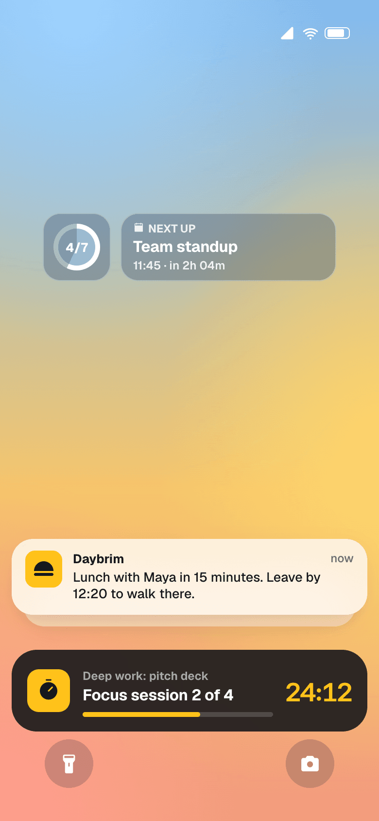 Lock screen with Daybrim widgets and a live focus timer