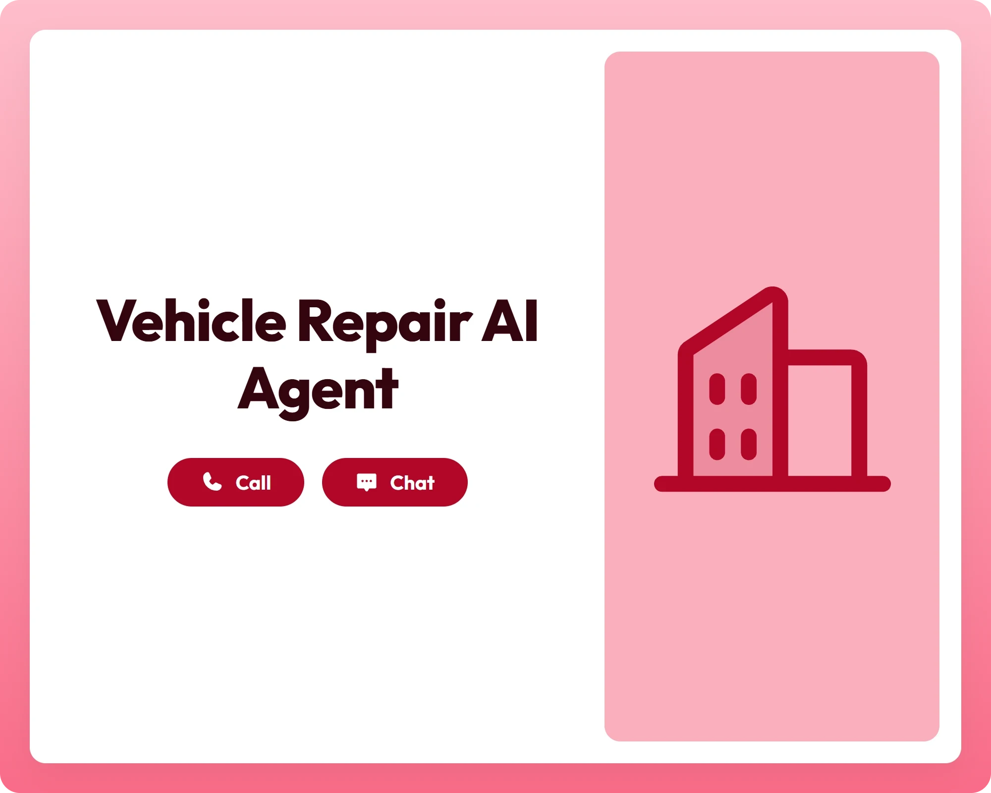 vehicle repair ai customer support agent with call and chat buttons next to buildings icon