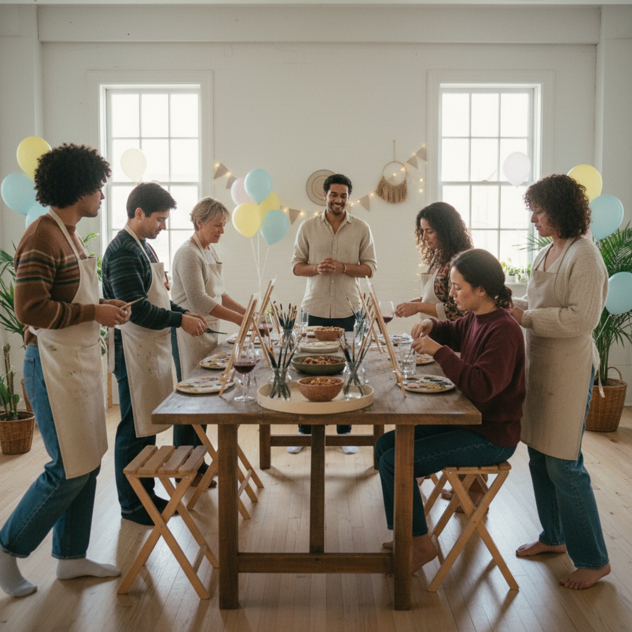 Eine private Gruppe richtet sich an einem langen Tisch ein, Ballons und dezente Dekoration setzen Akzente. Die Gäste legen Schürzen an und sortieren Pinsel nach Größe. Tabletts mit Gläsern und Snacks stehen bereit. Ein Host begrüßt die Runde und erklärt den Ablauf.