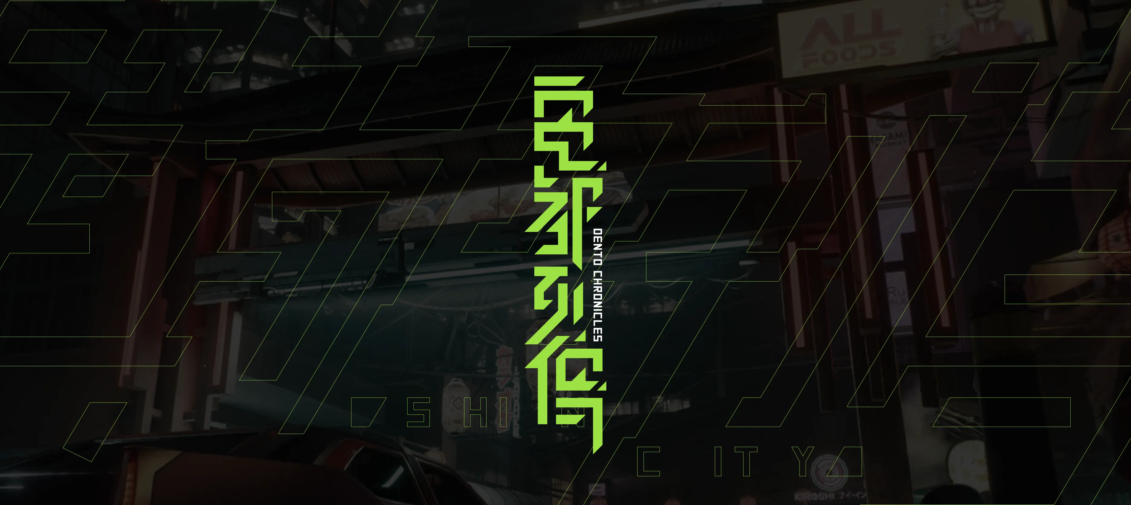 Dento Chronicles cyberpunk novel hero – intense neon green angular typography “電都列傳” on rainy Hong Kong night street with neon signs and tong lau-skyscraper silhouettes by Teatime Studio.