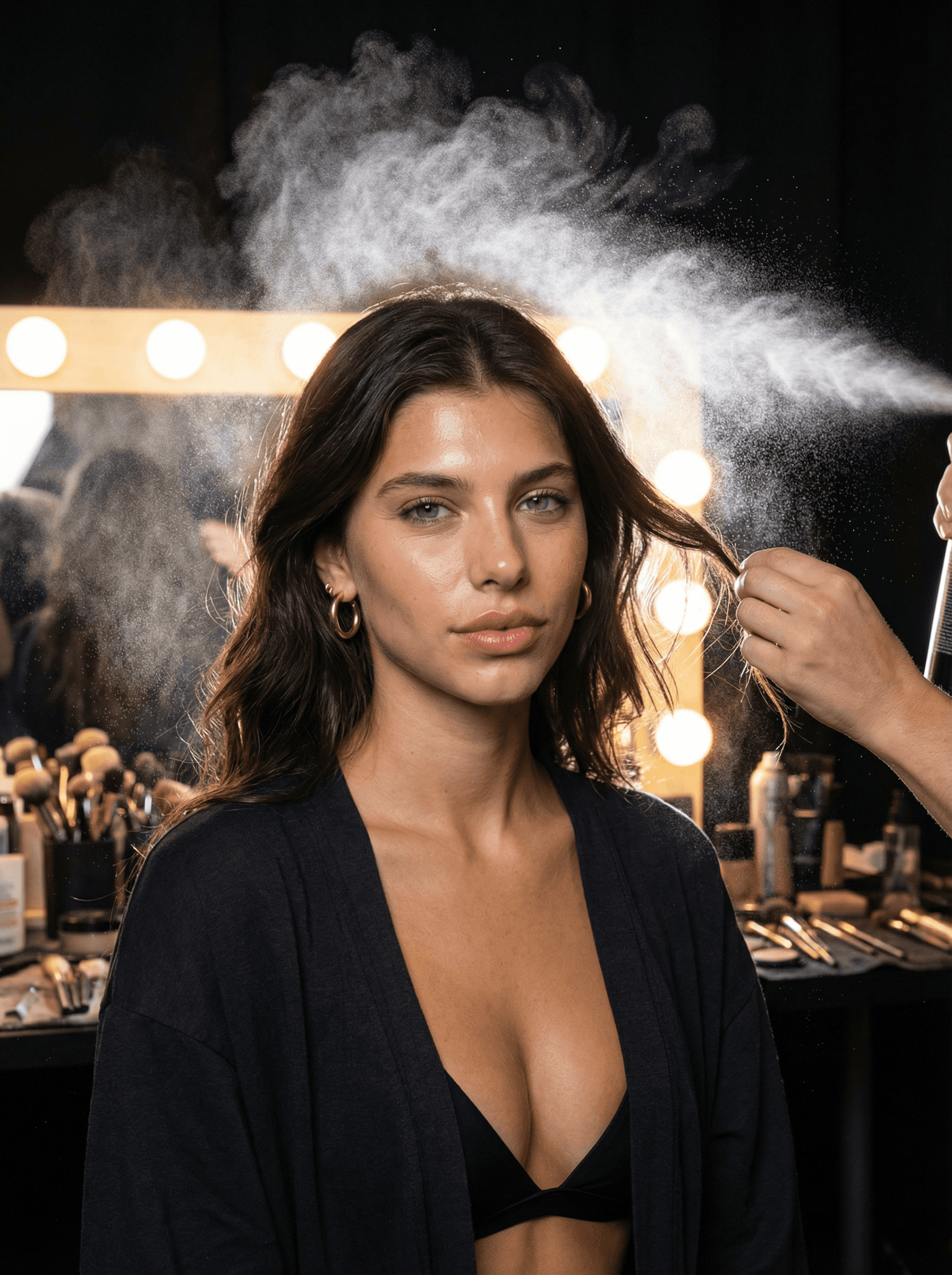 Synthetic Cat concept depicting makeup preparation, not a real shoot or customer testimonial