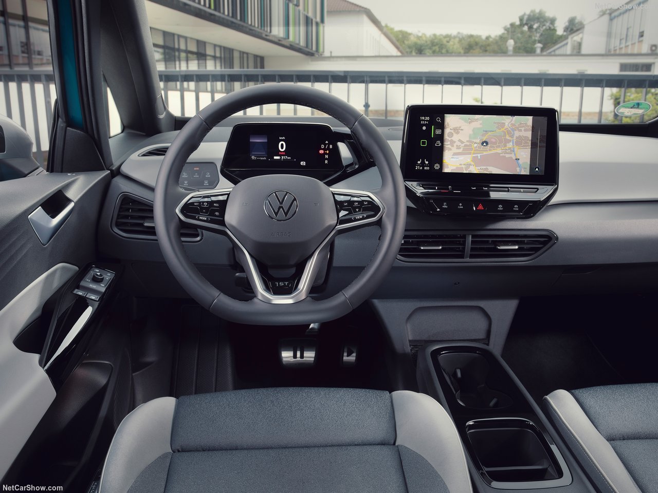 Interior view of the Volkswagen ID.3 1st Edition showing steering wheel and digital displays