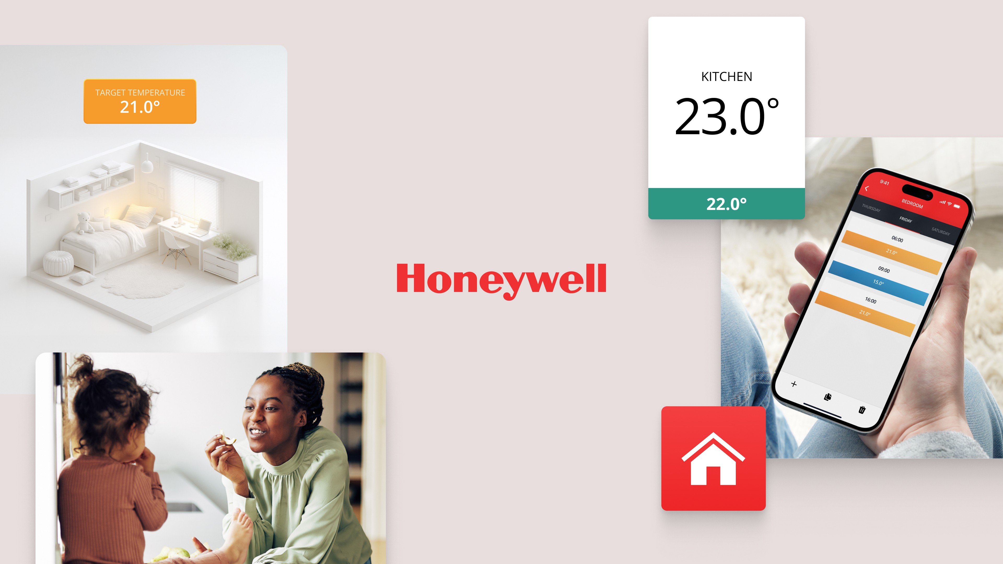 Honeywell brand montage showing app interface, 3D room, and heating schedules across devices