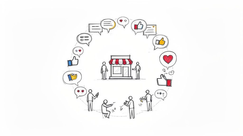 Illustration of a small business surrounded by customers and social media engagement icons, showing digital interaction.