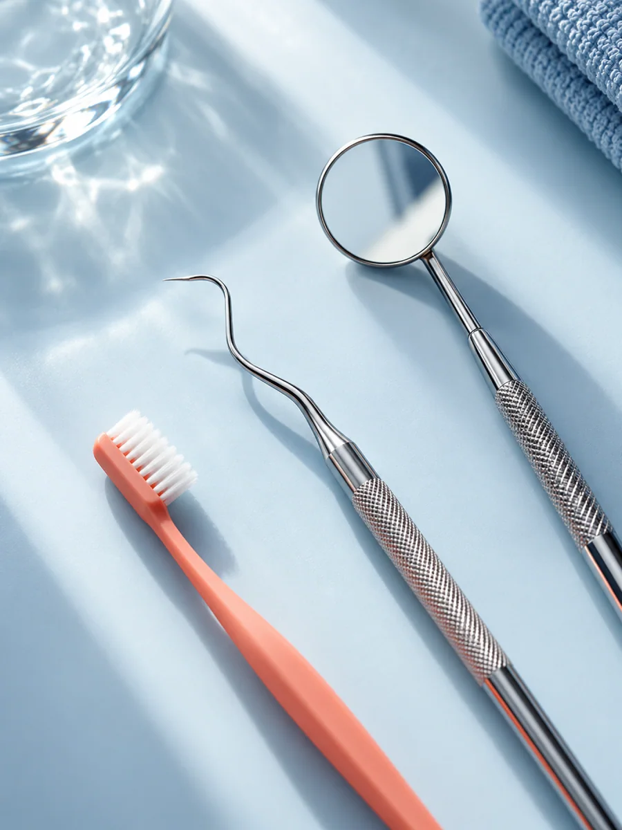 Polished steel dental instruments laid out on a pale surface