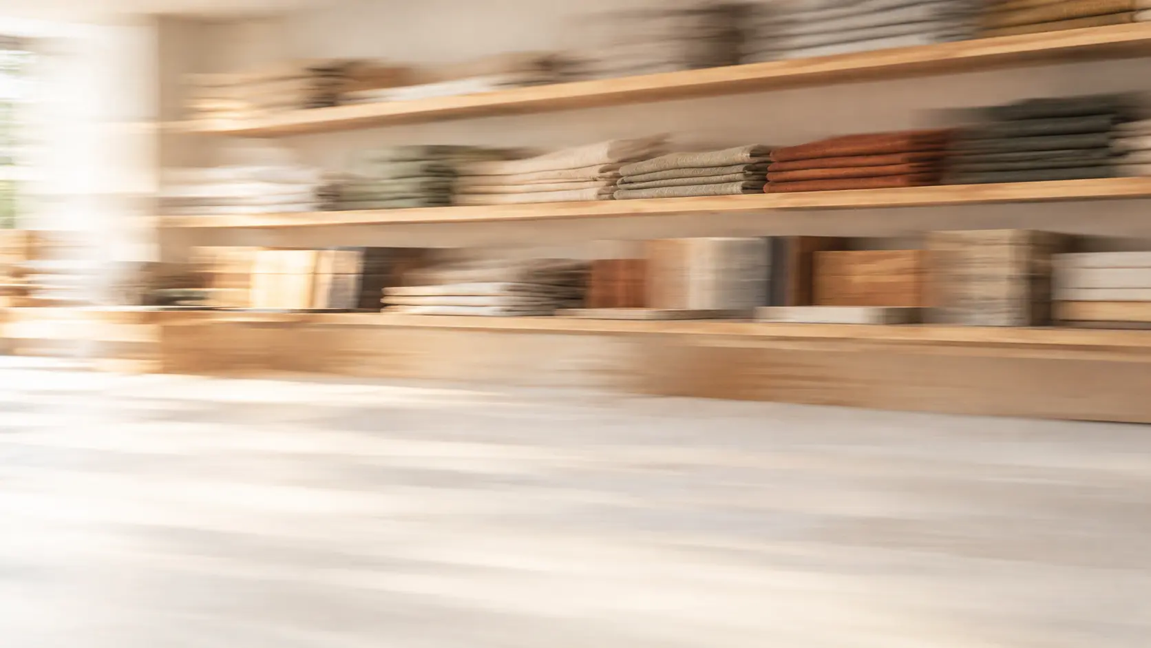 Oak shelves stacked with folded fabric samples and wood chips, softly blurred by motion