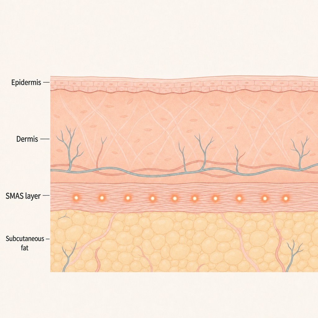 Cross-section showing ultrasound energy focused at the SMAS layer beneath the epidermis and dermis