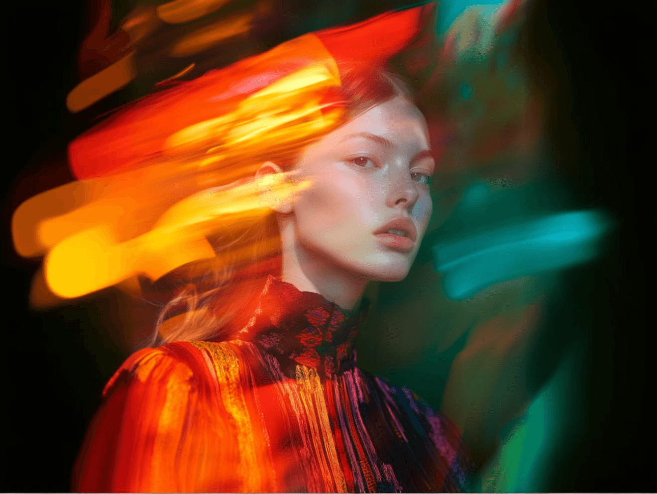 Woman's portrait with fiery light effects. The model has light skin and wears a colorful top with a high collar.