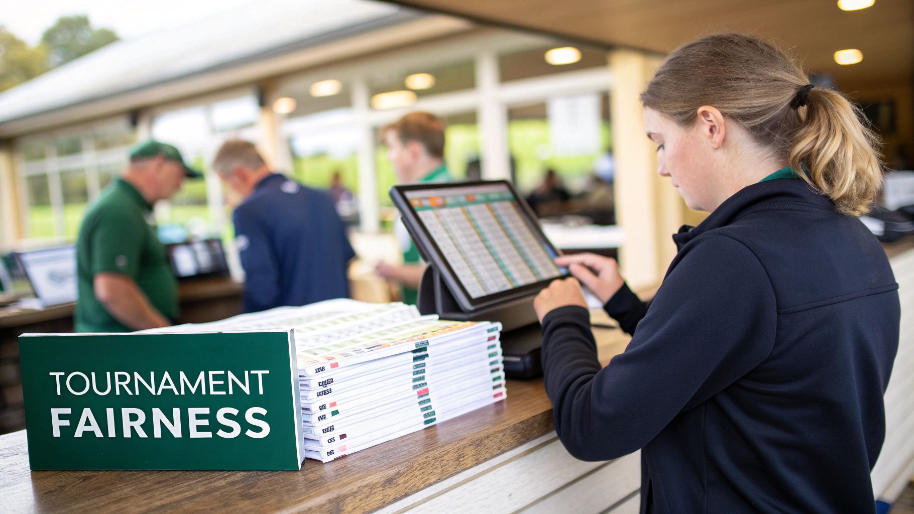 A young woman checks scores on a tablet at a golf tournament registration desk.