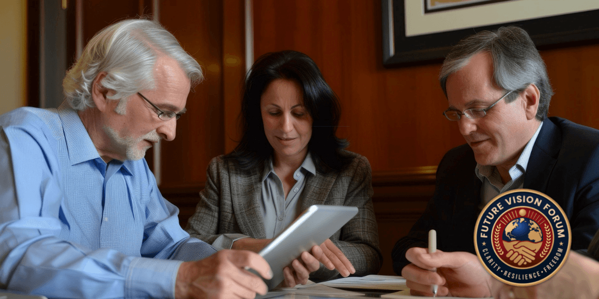 Three professionals collaborating in a meeting, showcasing clarity, resilience, and strategic growth, aligned with Future Vision Forum principles.
