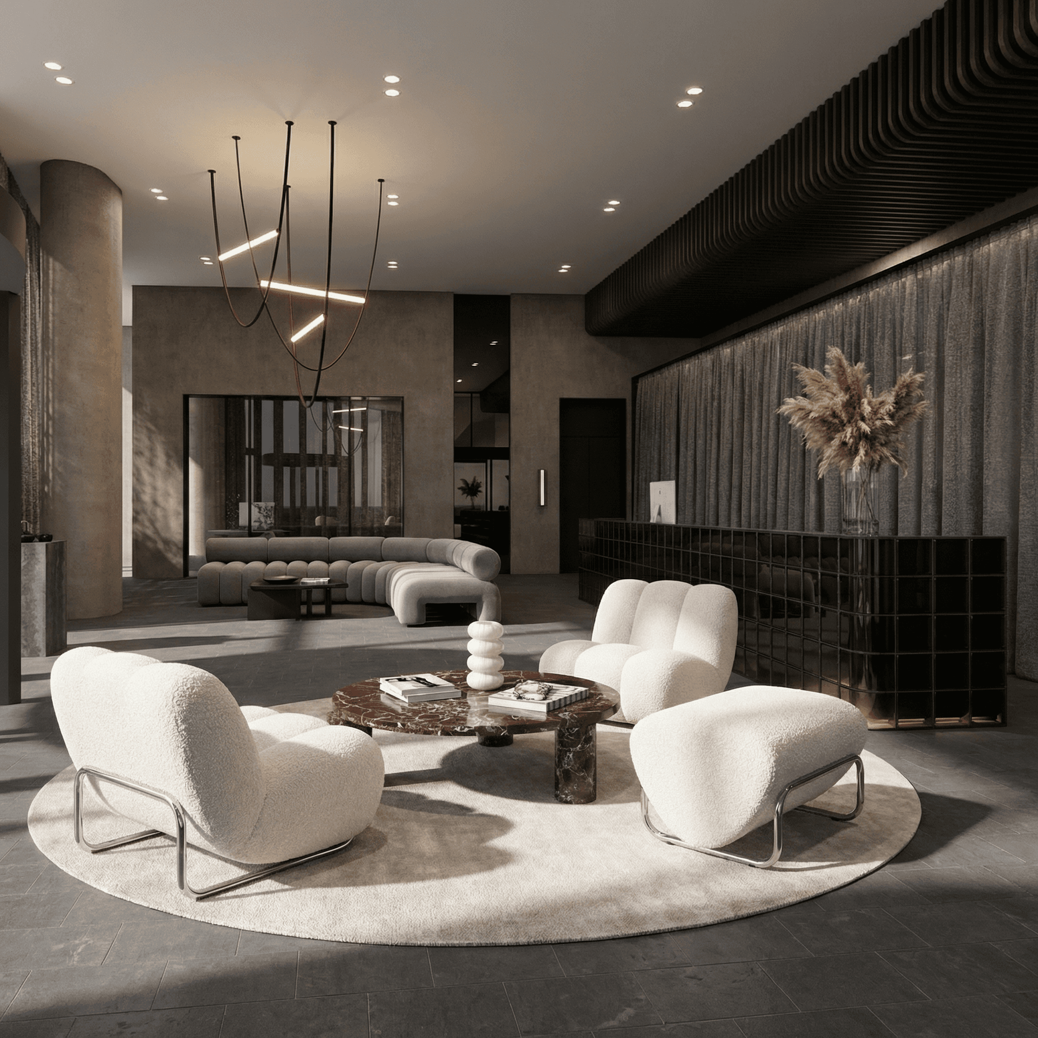 Contemporary interior with sculpted angled walls and a skylight filling the space with natural light.