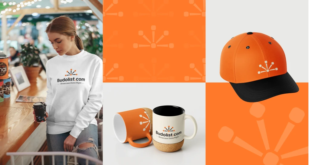 Budolist.com logo with mockups in an orange brand color