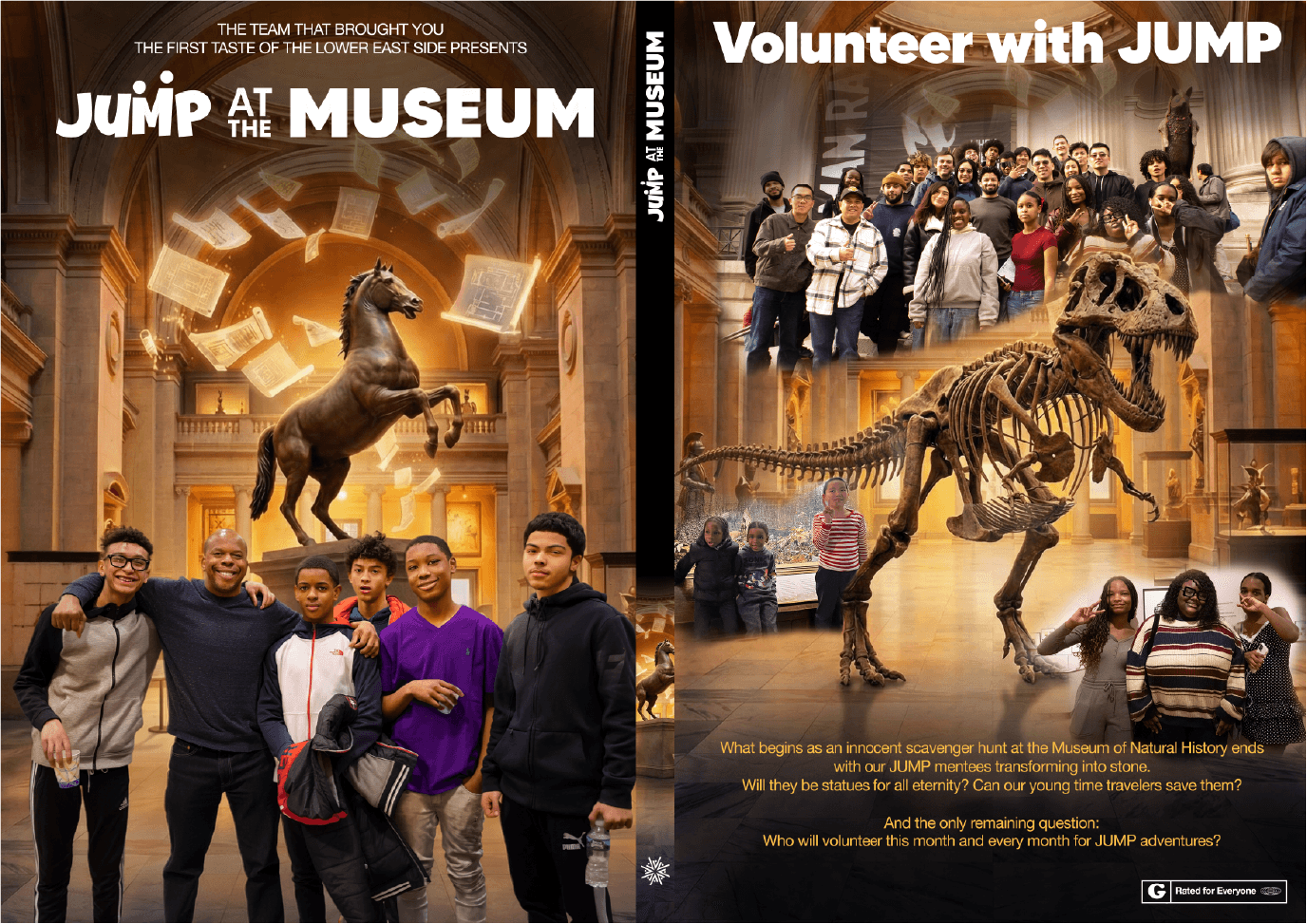 Spoof DVD jacket inspired by Night at the Museum. Depicts participants and historical information about Grnd Street’s JUMP mentorship program. Detailed description below.