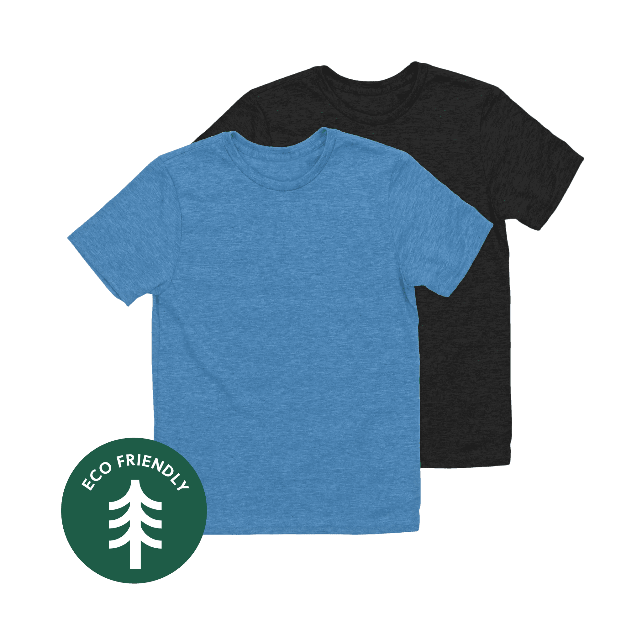 Two eco-friendly, short-sleeve t-shirts in blue and black are displayed side by side, featuring a badge with a tree icon indicating their environmentally conscious production.